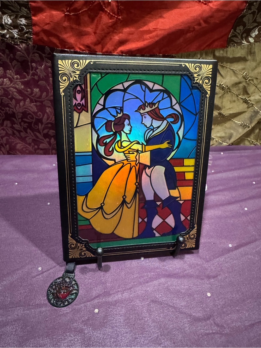 Disney Red Rose Stained-Glass Pendant with Black Frame